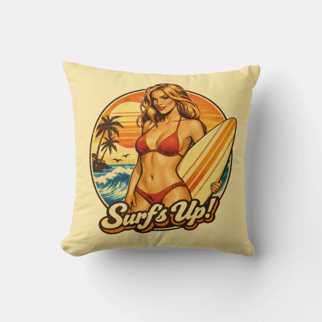Surf's Up Bikini Pin-Up | Retro Surf Shop Graphic Cushion (Front)