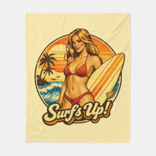 Surf's Up Bikini Pin-Up   Retro Surf Shop Graphic Fleece Blanket