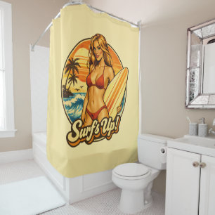 Surf's Up Bikini Pin-Up Retro Surf Shop Graphic Shower Curtain