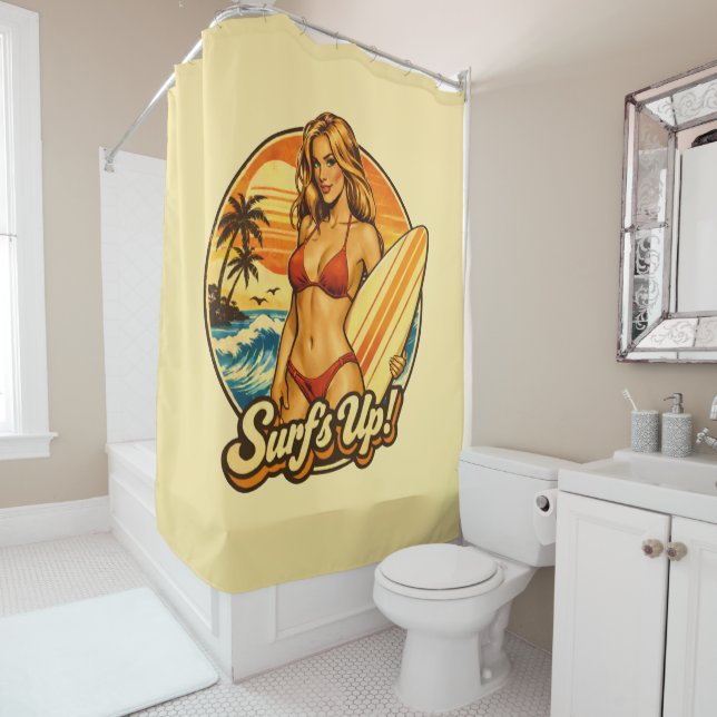 Surf's Up Bikini Pin-Up | Retro Surf Shop Graphic Shower Curtain (In Situ)