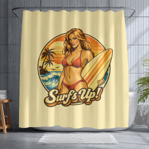 Surf's Up Bikini Pin-Up   Retro Surf Shop Graphic Shower Curtain