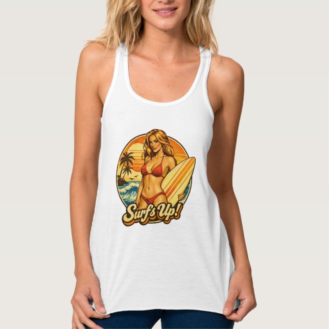 Surf's Up Bikini Pin-Up | Retro Surf Shop Graphic Singlet (Front)