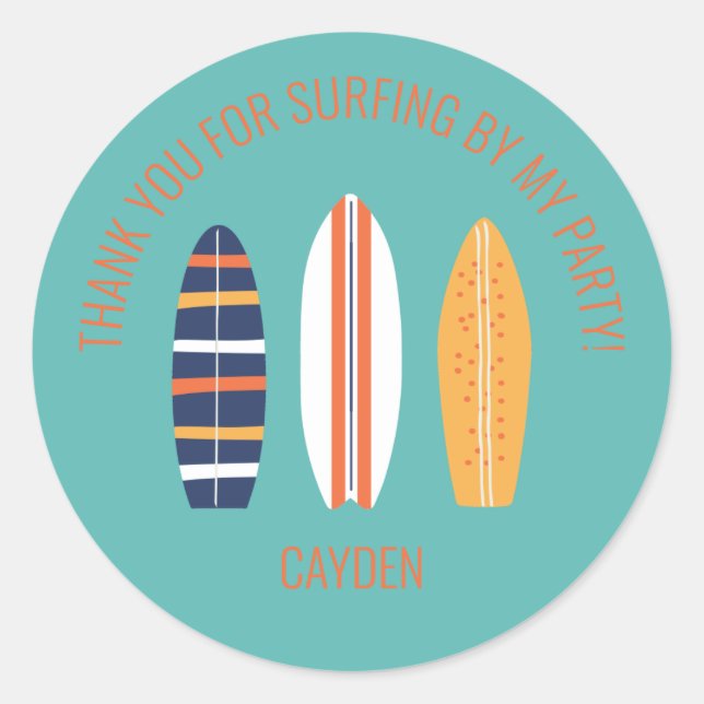 surfs Up BOY Surfboard beach Birthday Party Favour Classic Round Sticker (Front)