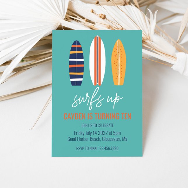 Surfs Up BOY Surfboard beach Birthday Party Invitation (Creator Uploaded)