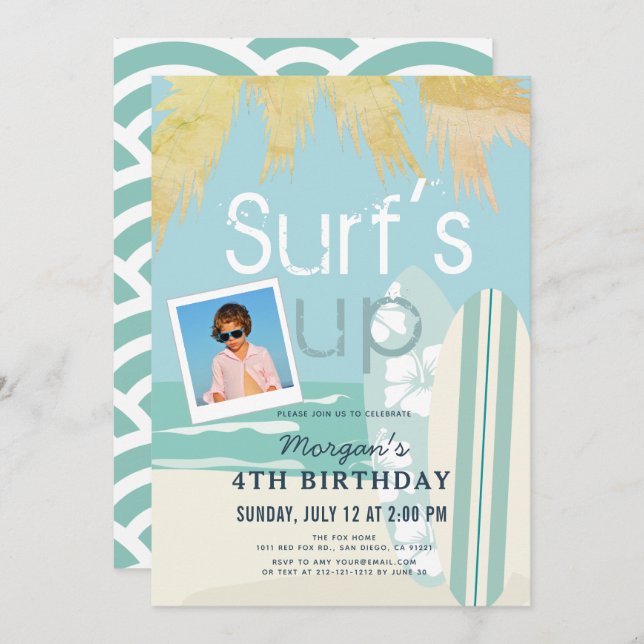 Surf's Up Boy Surfboards Beach Photo Birthday Invitation (Front/Back)