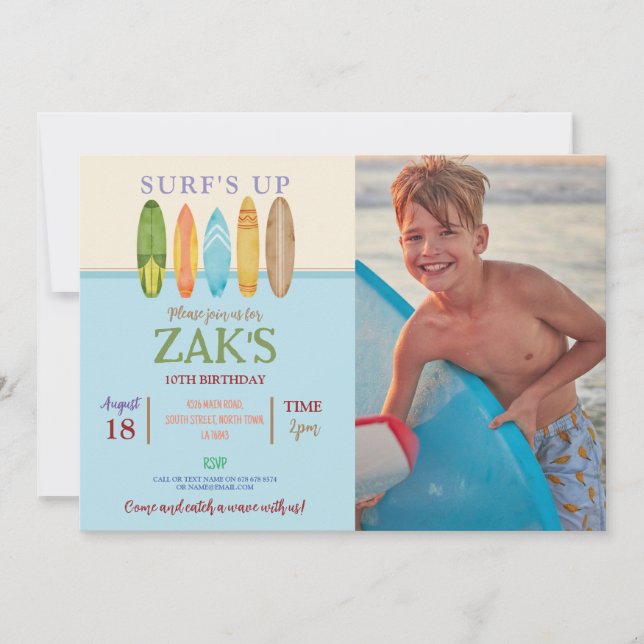 Surf's Up! Catch a wave Surf Blue Beach Photo Invitation (Front)