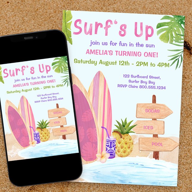 Surfs Up First Birthday Party Girls Invitation (Creator Uploaded)