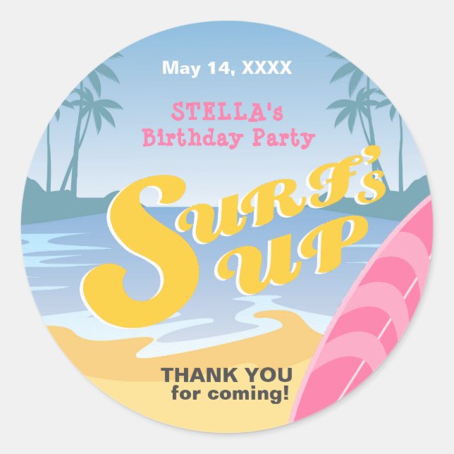 Surf's up Girly Birthday Party Classic Round Sticker (Front)