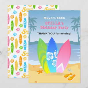 Surf's up Girly Birthday Party Thank You Card