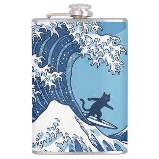 Surf's Up, Kanagawa – The Great Wave Cat Surfer Hip Flask
