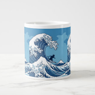 Surf's Up, Kanagawa – The Great Wave Cat Surfer Large Coffee Mug