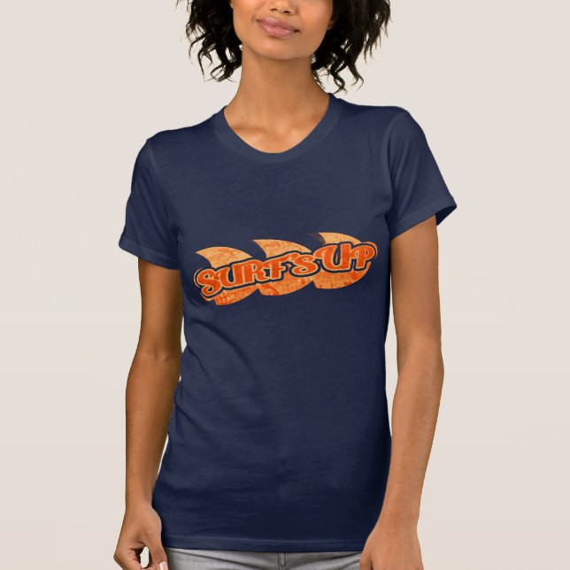 Surf's Up ladies bright orange waves on brown tee (Front)
