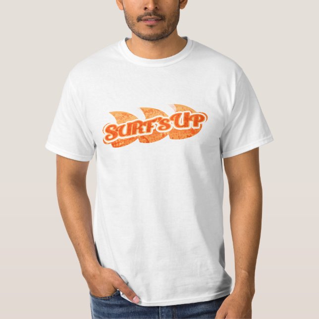 Surf's Up mens bright orange waves on white tee (Front)