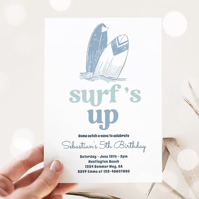 Surfs Up Modern Surfboard Beach Birthday Party Invitation (Creator Uploaded)
