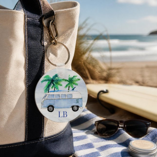 Surfs Up Monogrammed Key Ring (Surfing Van keychain)