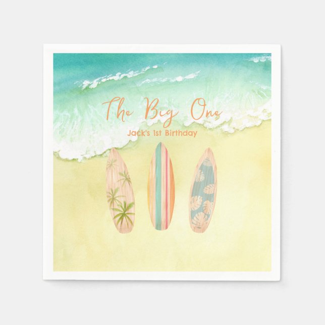 Surfs Up Napkins The Big One Surfer Birthday (Front)