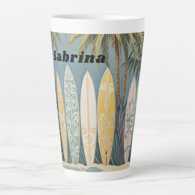 Surf's Up, Pastel Style Personalized Latte Mug (Front)
