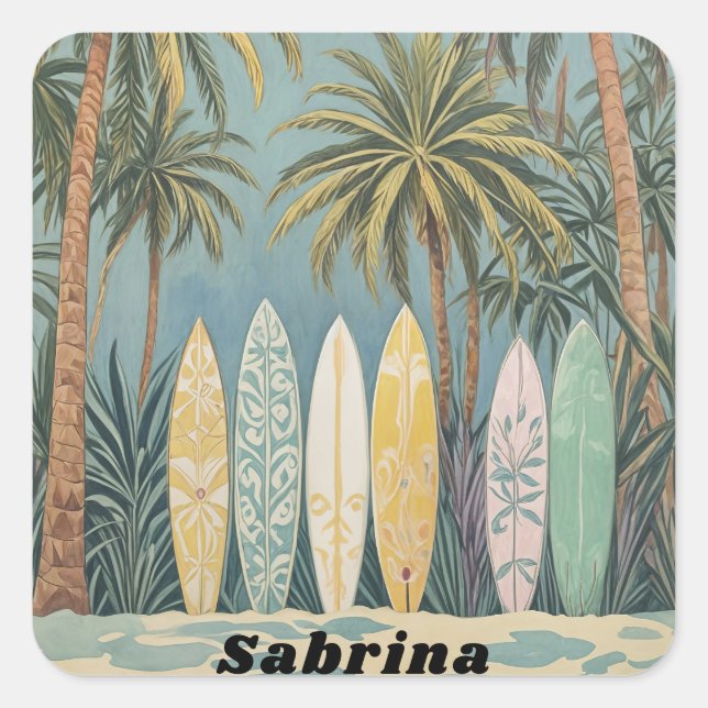 Surf's Up, Pastel Style Personalized Square Sticker (Front)