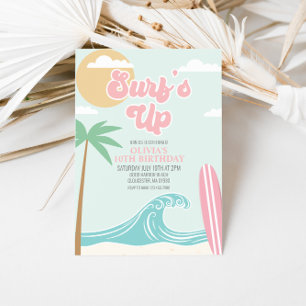 Surfs Up Pink Beach Birthday Invitation