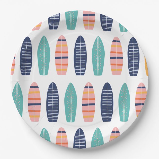 Surfs UP Pink retro beach van surfboards Paper Pla Plate (Front)