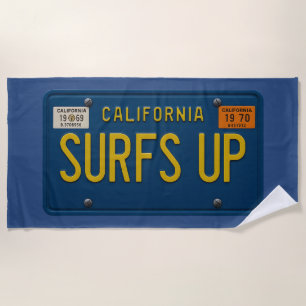 Surfs Up Retro 1969 California Surf License Plate Beach Towel