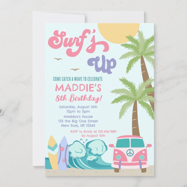 Surf's up Surf Beach girl Birthday Invitation (Front)