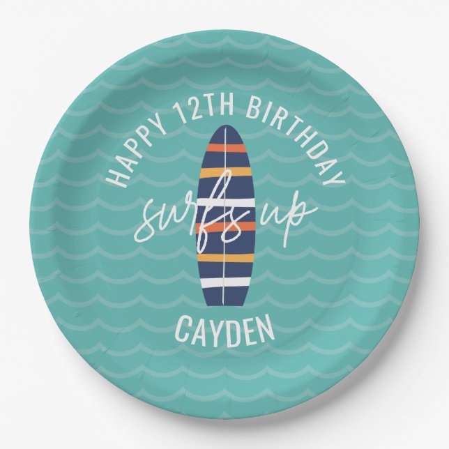 Surfs Up surfboard and waves Birthday Party Paper  Paper Plate (Front)