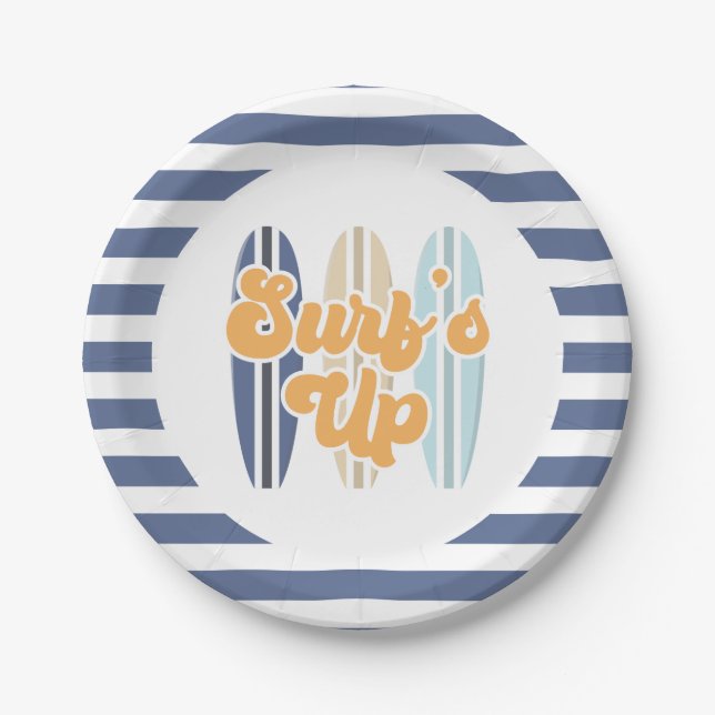 Surf's Up Surfboard Beach Birthday Paper Plates (Front)