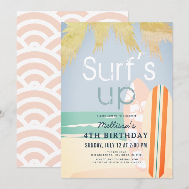 Surf's Up Surfboards Beach Girl Birthday Invitation (Front/Back)