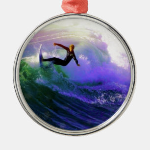 SURFS UP  surfer surfing catching a wave Metal Tree Decoration