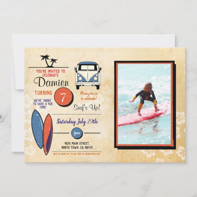 Surfs Up! Surfing Birthday Beach Party Photo Invitation (Front)