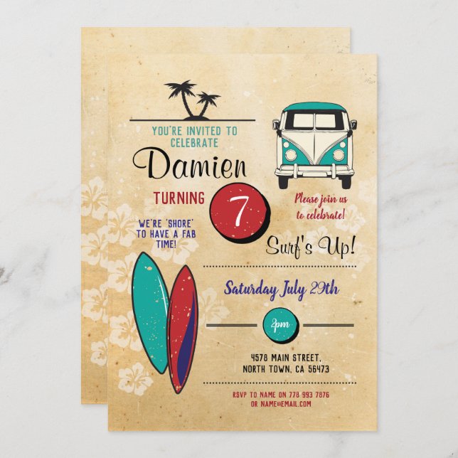 Surfs Up! Surfing Birthday Invite Beach Party Fun (Front/Back)
