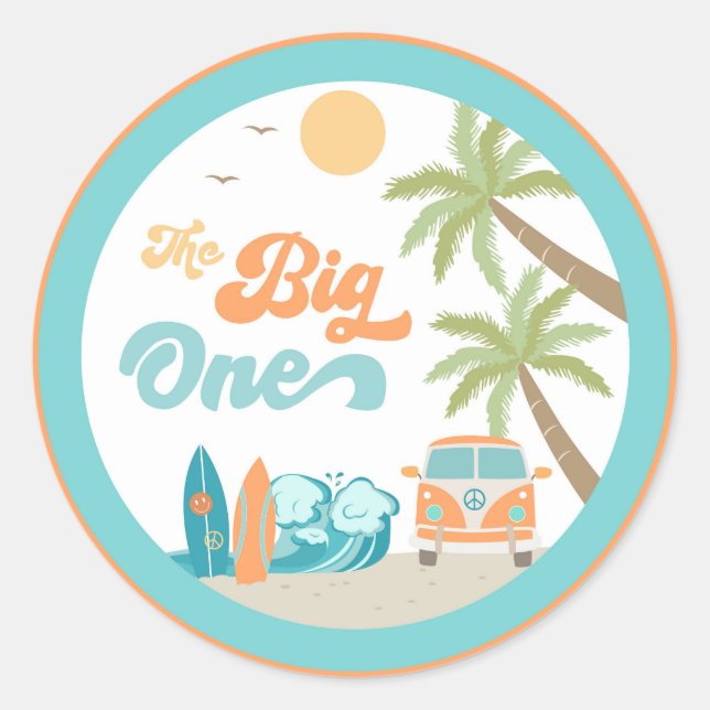 Surf's Up The big One Birthday Party Favour Sticke Classic Round Sticker (Front)