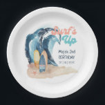 Surf's Up | Tropical Beach Surfing Kids Birthday Paper Plate<br><div class="desc">Surfing theme kids birthday paper plates feature a watercolor ocean wave, surfboards and starfish on the beach with "Surf's Up" typography in a cool retro font. The tropical colours (coral, yellow, turquoise and navy blue) work great for a boy or girl and the name and date can be personalised. Art...</div>