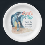 Surf's Up | Tropical Beach Surfing Kids Birthday Paper Plate<br><div class="desc">Surfing theme kids birthday paper plates feature a watercolor ocean wave, surfboards and starfish on the beach with "Surf's Up" typography in a cool retro font. The tropical colours (coral, yellow, turquoise and navy blue) work great for a boy or girl and the name and date can be personalised. Art...</div>
