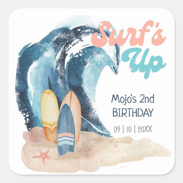 Surf's Up | Tropical Beach Surfing Kids Birthday Square Sticker (Front)
