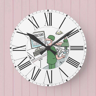 Surgeon Checks Instructions on Screen Round Clock