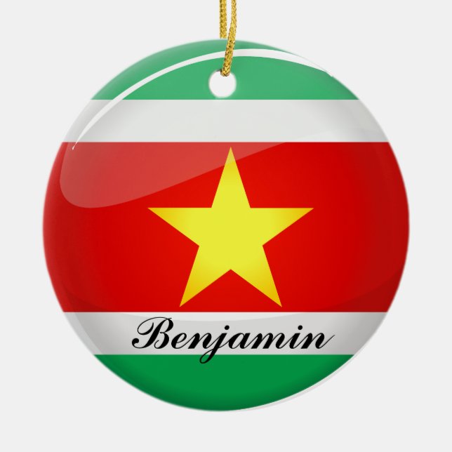Suriname Glossy Round Flag Ceramic Tree Decoration (Front)