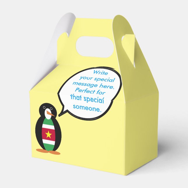 Surinamese Flag Talking Ms. Penguin Personalised  Favour Box (Back Side)