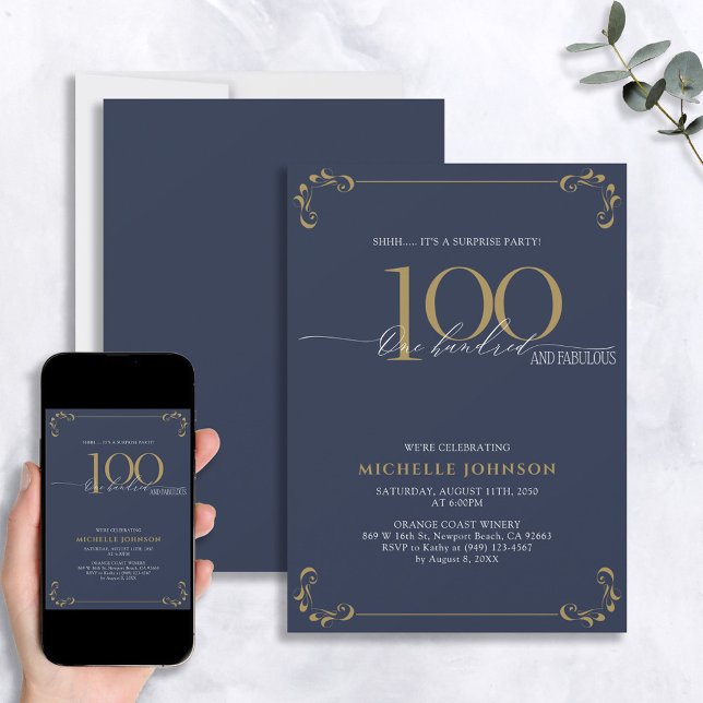 Surprise 100 & Fabulous Blue & Gold Birthday  Invitation (Creator Uploaded)