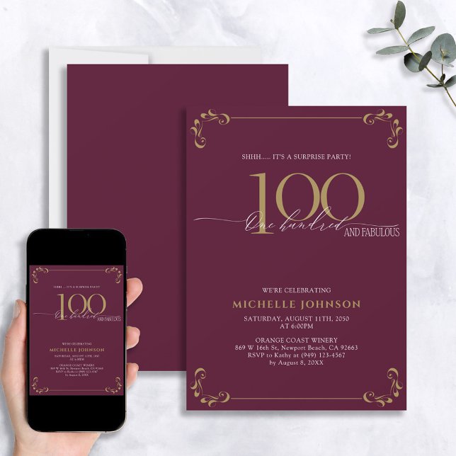 Surprise 100 & Fabulous Burgundy & Gold Birthday  Invitation (Creator Uploaded)