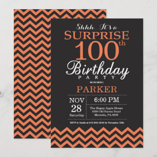 Surprise 100th Birthday Black and Coral Chevron Invitation