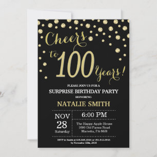 Surprise 100th Birthday Black and Gold Diamond Invitation