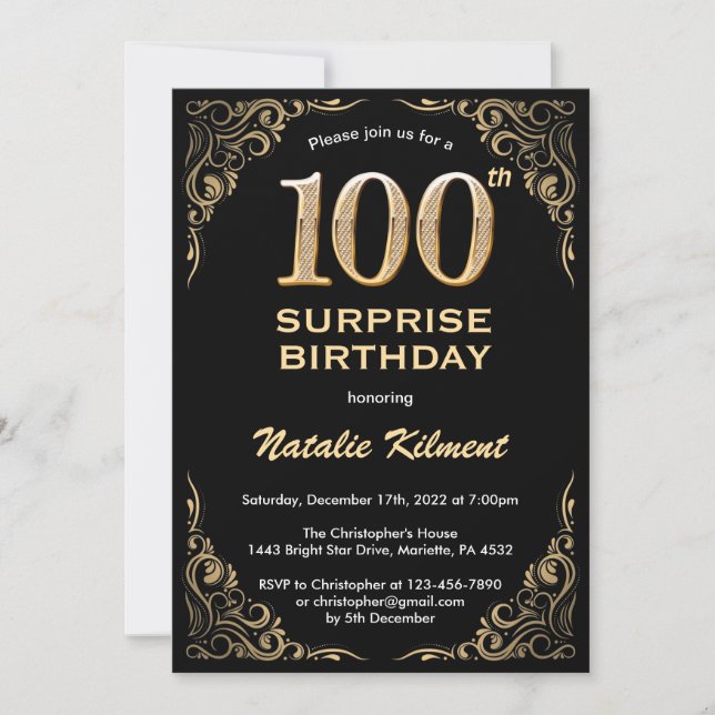 Surprise 100th Birthday Black and Gold Glitter Invitation (Front)