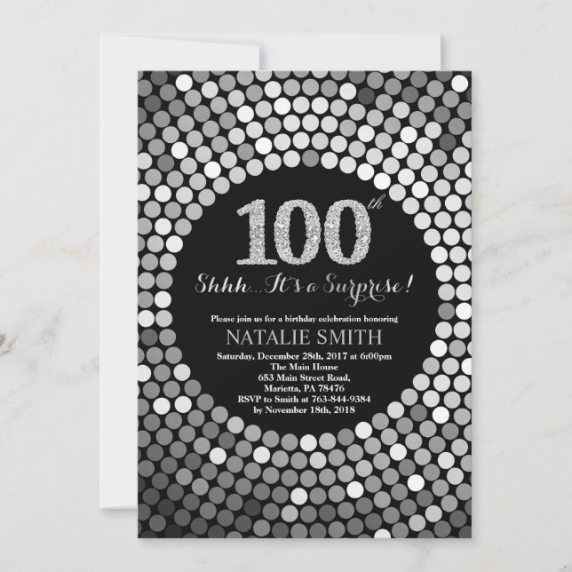 Surprise 100th Birthday Black and Silver Glitter Invitation (Front)