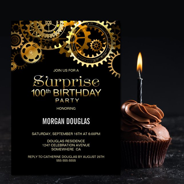 Surprise 100th Birthday Black Gold Steampunk Invitation (Creator Uploaded)