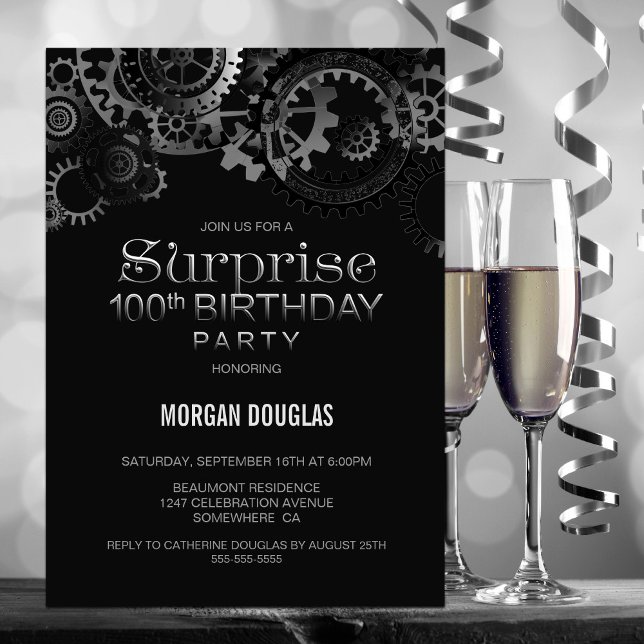 Surprise 100th Birthday Black Silver Steampunk Invitation (Creator Uploaded)