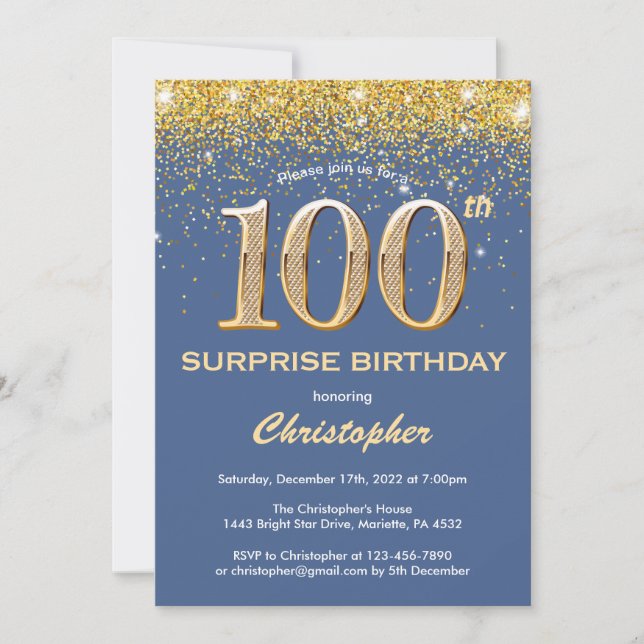 Surprise 100th Birthday Blue and Gold Glitter Invitation (Front)