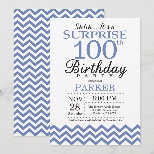 Surprise 100th Birthday Blue Chevron Invitation (Front/Back)