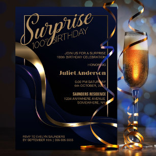 Surprise 100th Birthday Blue Gold Party Invitation
